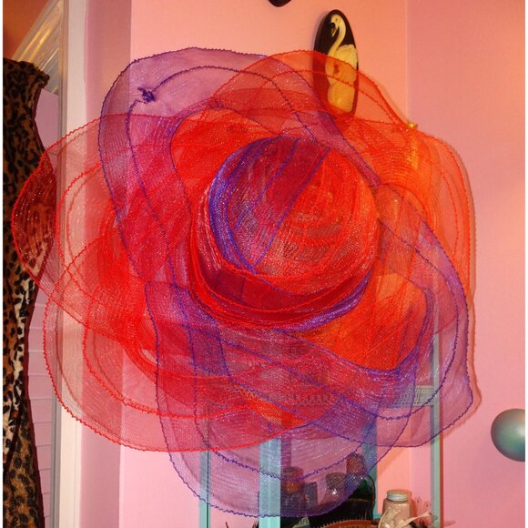 Vintage Purple & Red Sheer Wide Brim Sun Hat summer church hat pinup retro glam main image 4